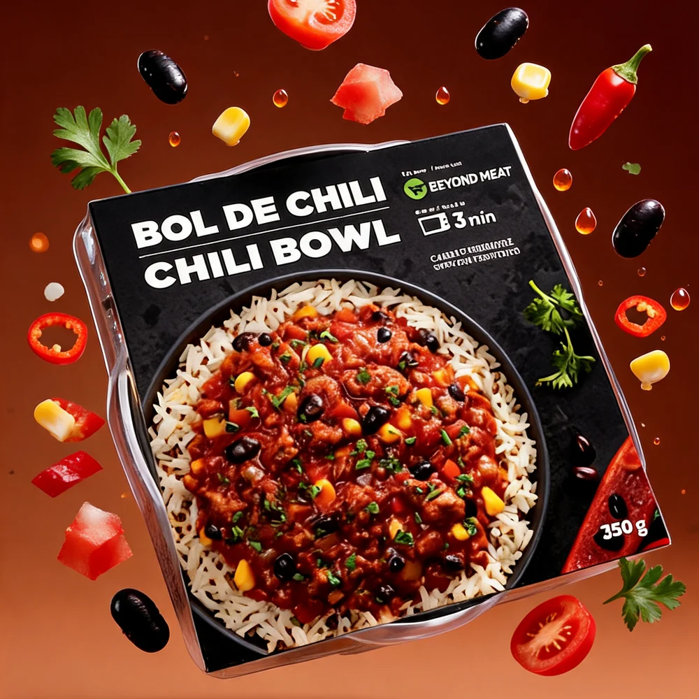 Bol de chili Cuisine Fraîcheur Urbaine et ses ingrédients en suspension sur fond terracotta.